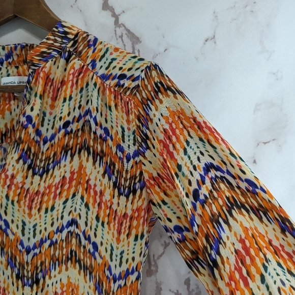 Amanda Uprichard Top Womens Small Orange Silk Chevron Popover Quarter Sleeve - Picture 9 of 10